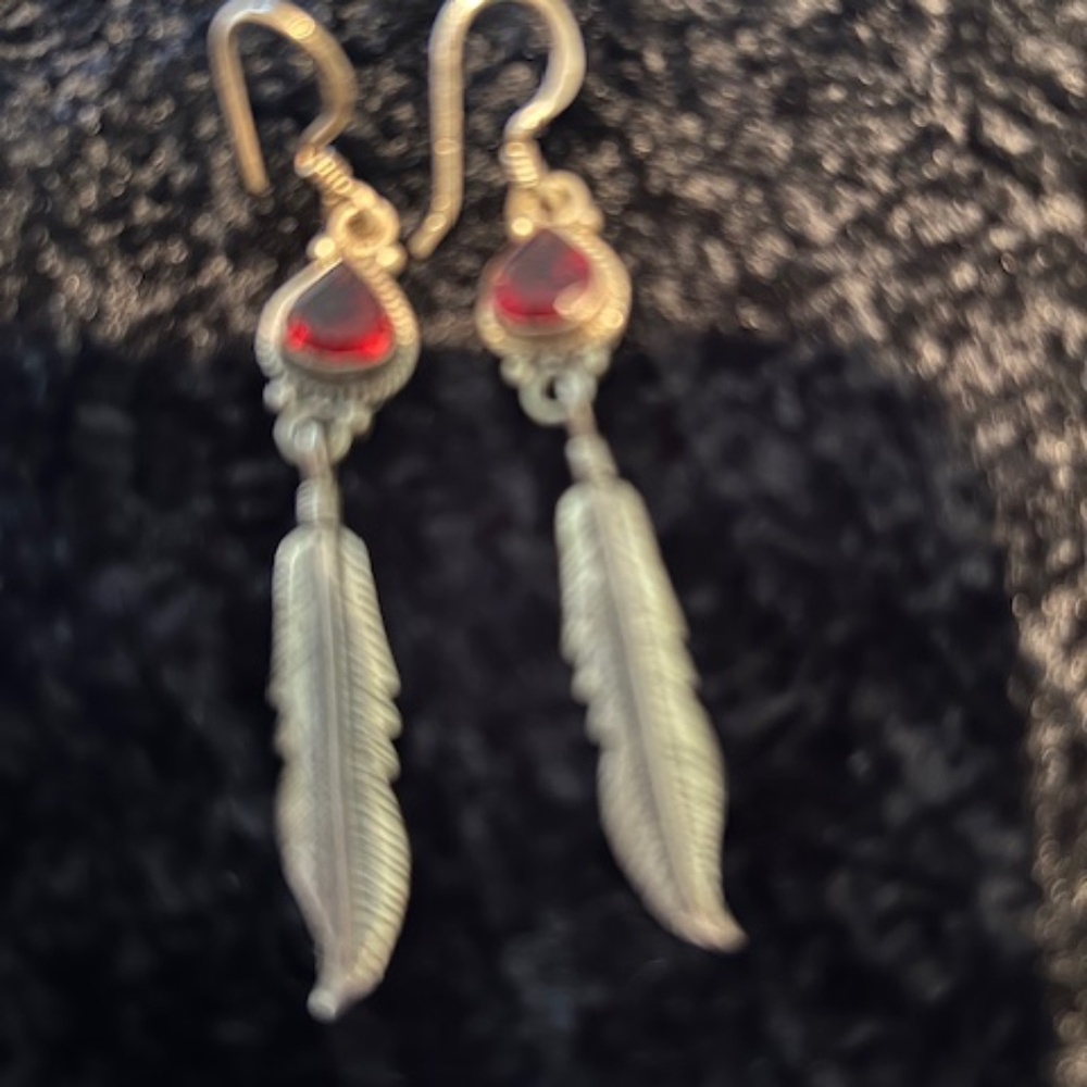 Garnet and Silver Feather Earrings Pierced